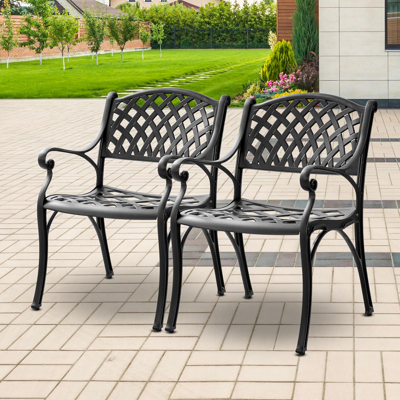 PATIO-IN 6 Pieces Patio Chairs Set of 6 All Weather Outdoor Bistro Chairs with Armrest, Cast Aluminum Metal Dining Chair Set of 6 for Outdoor Furniture Outside Garden Deck (6, Black 1) (6)