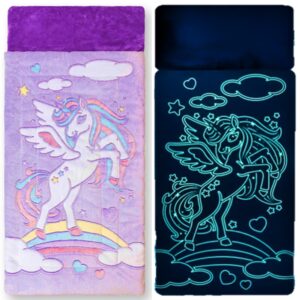 unicorn sleeping bag for kids – glow in the dark kids sleeping bags make fun unicorn gifts for girls. perfect for sleepovers, camping, plush nap mat for preschool, with pillow pocket, 8+ hour glow