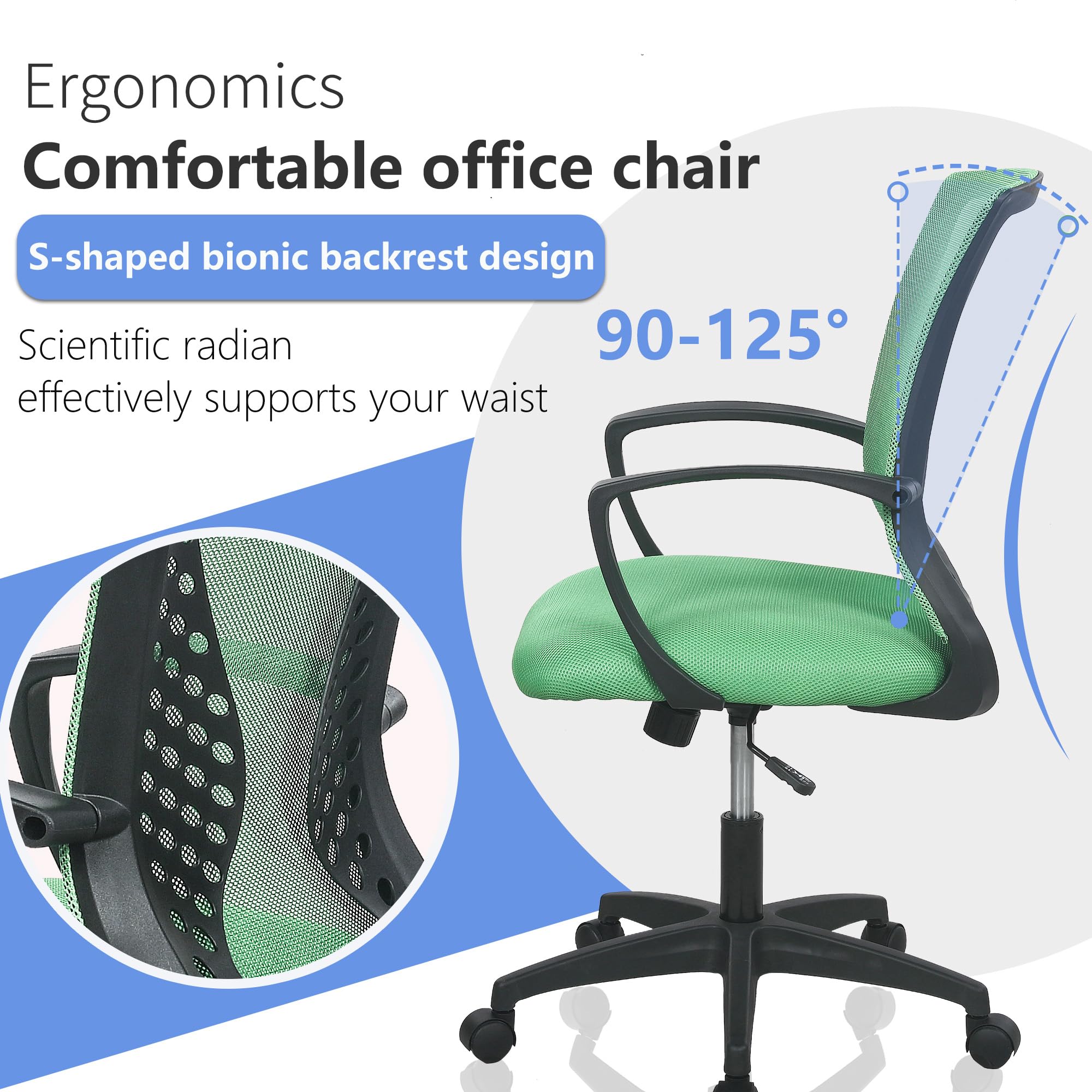 PayLessHere Office Chair Desk Chair Computer Chair Ergonomic Chair Adjustable Executive Mesh Mid Back with 360 Degree Swivel Wheels Lumbar Support Armrest, Green