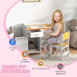 Qaba Kids Desk and Chair Set with Storage Drawer, Study Desk with Chair for Children for Arts & Crafts, Snack Time, Homeschooling, Homework, White