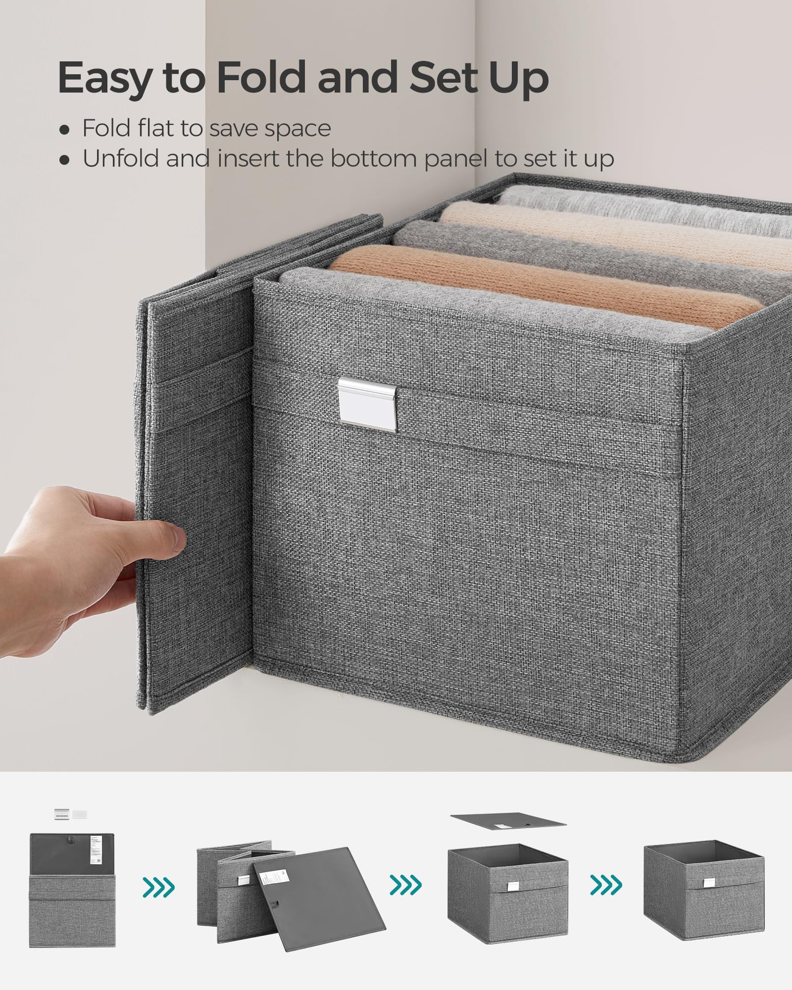 SONGMICS Storage Baskets, Set of 4 Extra Large Storage Bins for Organizing, 30L, 15.7 x 11.8 x 9.8 Inches, Fabric Storage Cubes for Shelves, Easy to Clean, Foldable, 2 Handles, Dove Gray UROB240G04