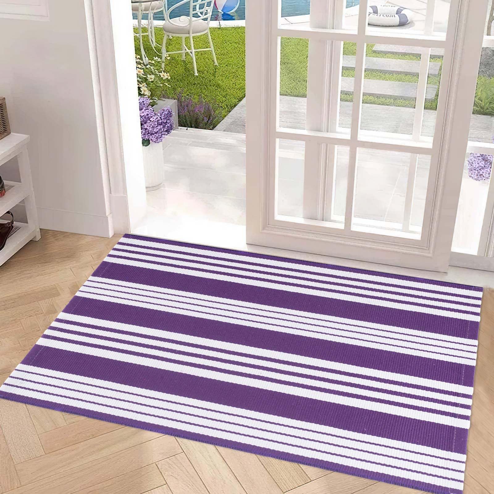 Purple and White Striped Outdoor Rug 24'' x 51''Outdoor Front Porch Rug Hand-Woven Machine Washable Indoor/Outdoor Layered Door Mats for Entryway/Bedroom/Outdoor