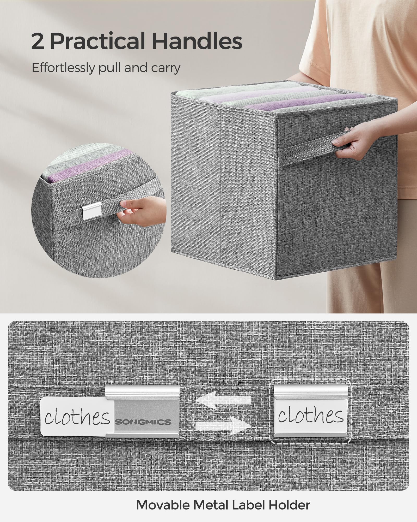 SONGMICS Storage Cubes, Set of 4 Cube Storage Bins, 13 x 13 x 13 Inches, 2 Handles, Oxford Fabric and Linen-Look Fabric, Easy to Clean, Foldable, Metal Label Holders, Dove Gray UROB233G04