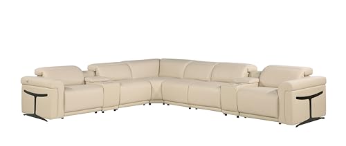 BlackJack Furniture Riccardo 8-Piece Italian Leather Sectional Sofa with 4 Power Reclining Couch Seats, USB & Wireless Chargers, Headrests, Lumbar Support, Cup Holder, and Console Storage, Beige