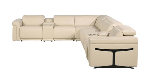 BlackJack Furniture Riccardo 8-Piece Italian Leather Sectional Sofa with 4 Power Reclining Couch Seats, USB & Wireless Chargers, Headrests, Lumbar Support, Cup Holder, and Console Storage, Beige