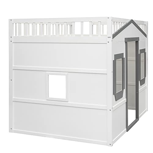 BOVZA Full Size Wood House Loft Bed with Ladder, Kids Playhouse Bed with Window for Girls Boys, White+Gray