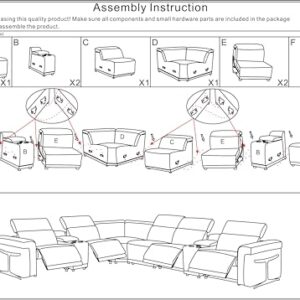 BlackJack Furniture Riccardo 8-Piece Italian Leather Sectional Sofa with 4 Power Reclining Couch Seats, USB & Wireless Chargers, Headrests, Lumbar Support, Cup Holder, and Console Storage, Beige