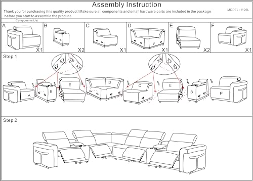 BlackJack Furniture Riccardo 8-Piece Italian Leather Sectional Sofa with 4 Power Reclining Couch Seats, USB & Wireless Chargers, Headrests, Lumbar Support, Cup Holder, and Console Storage, Beige