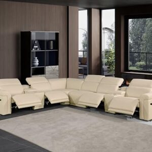 BlackJack Furniture Riccardo 8-Piece Italian Leather Sectional Sofa with 4 Power Reclining Couch Seats, USB & Wireless Chargers, Headrests, Lumbar Support, Cup Holder, and Console Storage, Beige