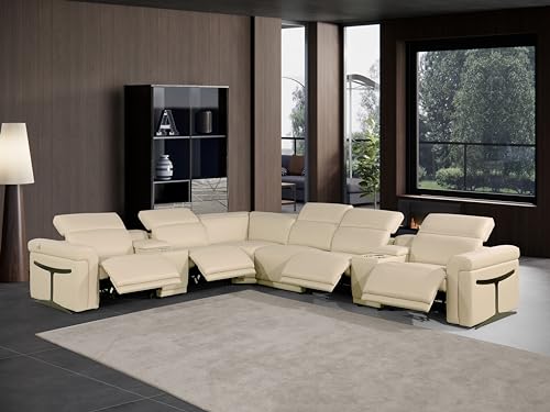 BlackJack Furniture Riccardo 8-Piece Italian Leather Sectional Sofa with 4 Power Reclining Couch Seats, USB & Wireless Chargers, Headrests, Lumbar Support, Cup Holder, and Console Storage, Beige