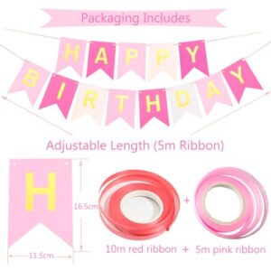 Pink Birthday Decorations, Happy Birthday Banner, Pink Birthday Balloons Decorations, 16 pcs 12 inch Happy Birthday Balloons with 2 Ribbons for Girl and Women Birthday Party Decoration