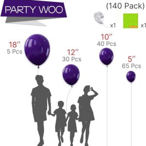 PartyWoo Royal Purple Balloons, 140 pcs Dark Purple Balloons Different Sizes Pack of 18 Inch 12 Inch 10 Inch 5 Inch Purple Balloons for Balloon Garland or Balloon Arch as Party Decorations, Purple-Y16