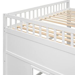 BOVZA Full Size Wood House Loft Bed with Ladder, Kids Playhouse Bed with Window for Girls Boys, White+Gray