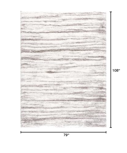 Hauteloom Mette Living Room, Bedroom Shaggy Area Rug - Bohemian Modern Striped Farmhouse Shag - Fluffy Soft Touch High Pile - Gray, White, Vizon - 6'7" x 9'