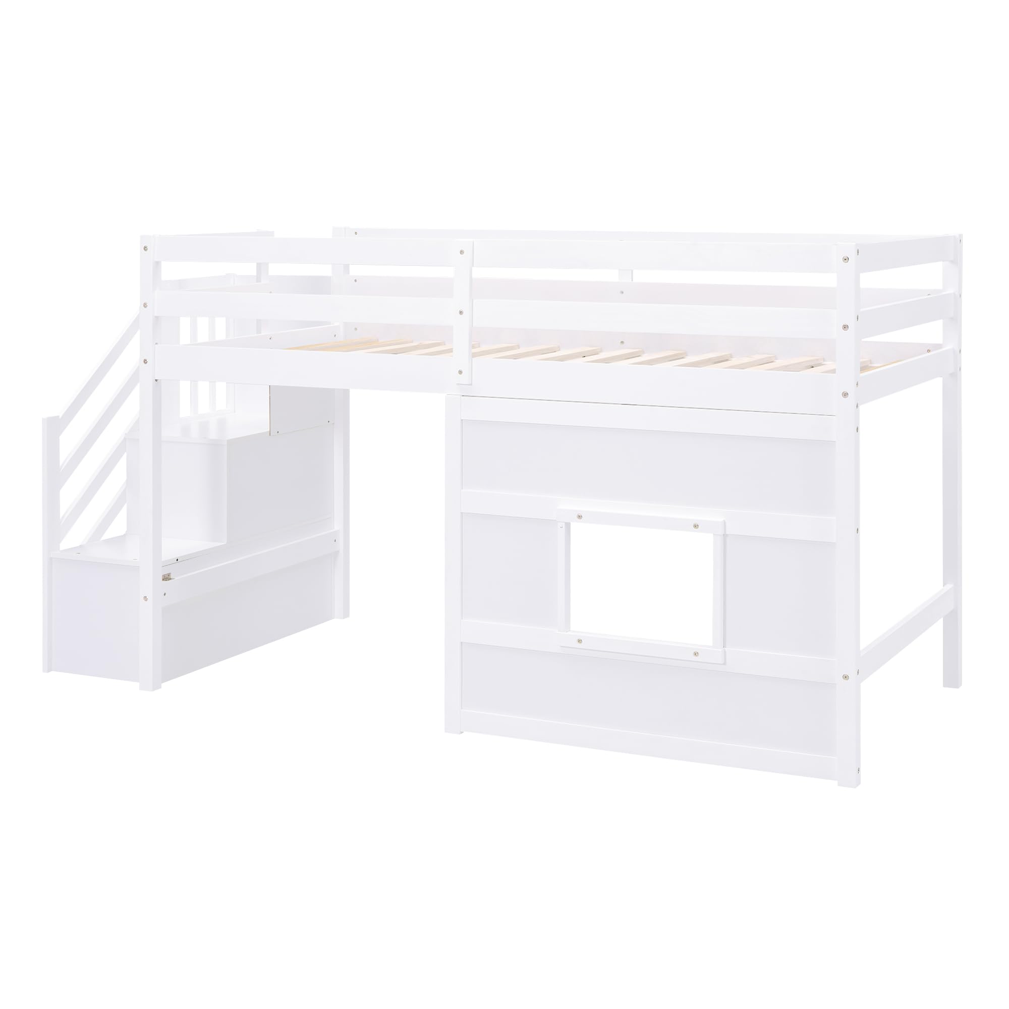 VilroCaz Playful Design Twin Size Loft Bed with Storage Staircase and Window for Kids Teens Boys Girls, Solid Wood Low Loft Bed Frame with Safety Guard Rails, Space-Saving (White-C9)