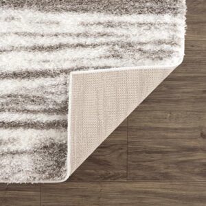 Hauteloom Mette Living Room, Bedroom Shaggy Area Rug - Bohemian Modern Striped Farmhouse Shag - Fluffy Soft Touch High Pile - Gray, White, Vizon - 6'7" x 9'