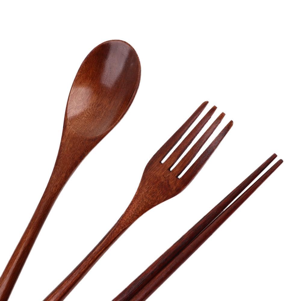 Cutlery 3PCS Fork Chopsticks Spoon Set Portable Tableware Chinese Wooden Utensils Sets Dinner Sets Long Handle Utensils With Fork Spoon Chopsticks