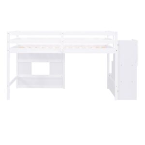 VilroCaz Playful Design Twin Size Loft Bed with Storage Staircase and Window for Kids Teens Boys Girls, Solid Wood Low Loft Bed Frame with Safety Guard Rails, Space-Saving (White-C9)