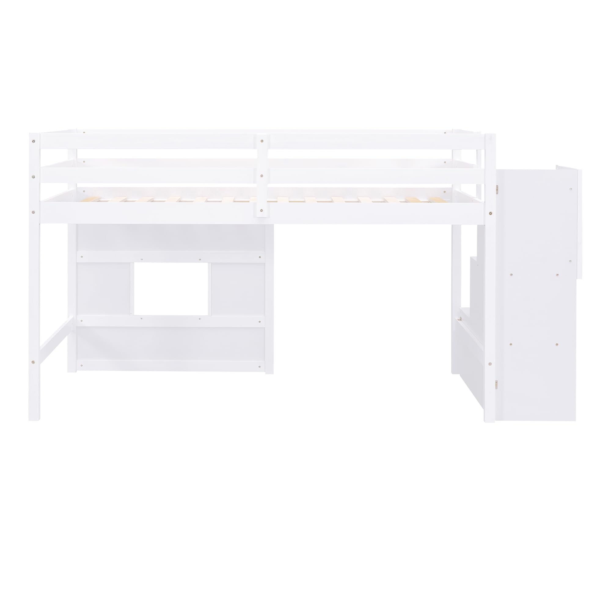 VilroCaz Playful Design Twin Size Loft Bed with Storage Staircase and Window for Kids Teens Boys Girls, Solid Wood Low Loft Bed Frame with Safety Guard Rails, Space-Saving (White-C9)