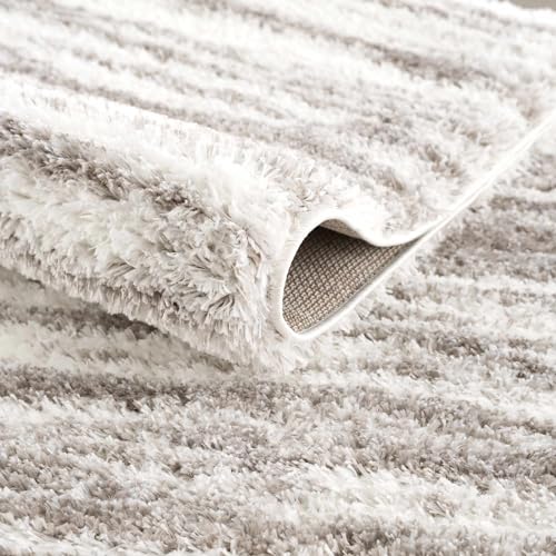 Hauteloom Mette Living Room, Bedroom Shaggy Area Rug - Bohemian Modern Striped Farmhouse Shag - Fluffy Soft Touch High Pile - Gray, White, Vizon - 6'7" x 9'