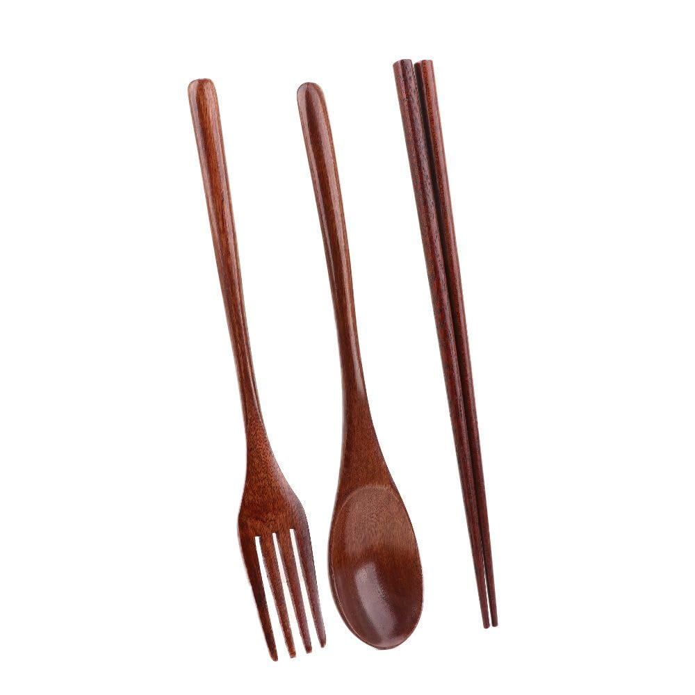 Cutlery 3PCS Fork Chopsticks Spoon Set Portable Tableware Chinese Wooden Utensils Sets Dinner Sets Long Handle Utensils With Fork Spoon Chopsticks