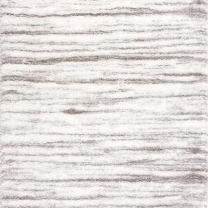 Hauteloom Mette Living Room, Bedroom Shaggy Area Rug - Bohemian Modern Striped Farmhouse Shag - Fluffy Soft Touch High Pile - Gray, White, Vizon - 6'7" x 9'