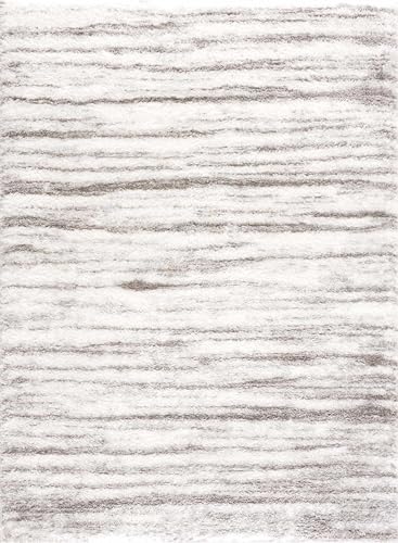 Hauteloom Mette Living Room, Bedroom Shaggy Area Rug - Bohemian Modern Striped Farmhouse Shag - Fluffy Soft Touch High Pile - Gray, White, Vizon - 6'7" x 9'