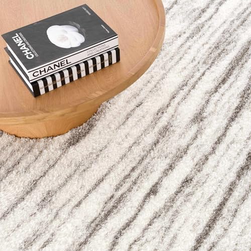 Hauteloom Mette Living Room, Bedroom Shaggy Area Rug - Bohemian Modern Striped Farmhouse Shag - Fluffy Soft Touch High Pile - Gray, White, Vizon - 6'7" x 9'