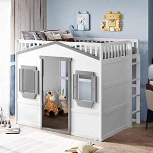 bovza full size wood house loft bed with ladder, kids playhouse bed with window for girls boys, white+gray