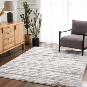 hauteloom mette living room, bedroom shaggy area rug - bohemian modern striped farmhouse shag - fluffy soft touch high pile - gray, white, vizon - 6'7" x 9'