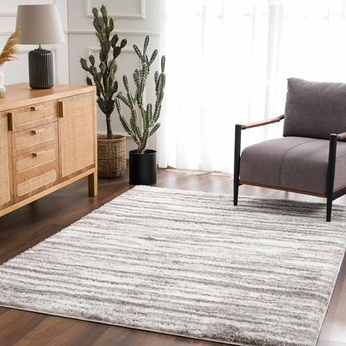 Hauteloom Mette Living Room, Bedroom Shaggy Area Rug - Bohemian Modern Striped Farmhouse Shag - Fluffy Soft Touch High Pile - Gray, White, Vizon - 6'7" x 9'