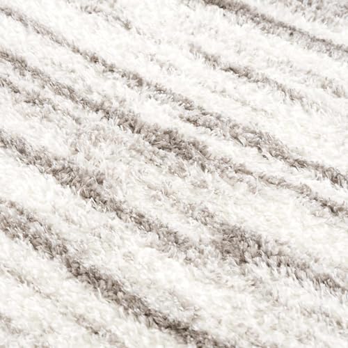 Hauteloom Mette Living Room, Bedroom Shaggy Area Rug - Bohemian Modern Striped Farmhouse Shag - Fluffy Soft Touch High Pile - Gray, White, Vizon - 6'7" x 9'