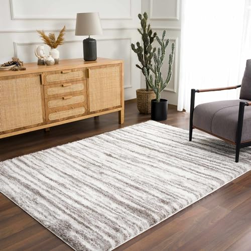 Hauteloom Mette Living Room, Bedroom Shaggy Area Rug - Bohemian Modern Striped Farmhouse Shag - Fluffy Soft Touch High Pile - Gray, White, Vizon - 6'7" x 9'