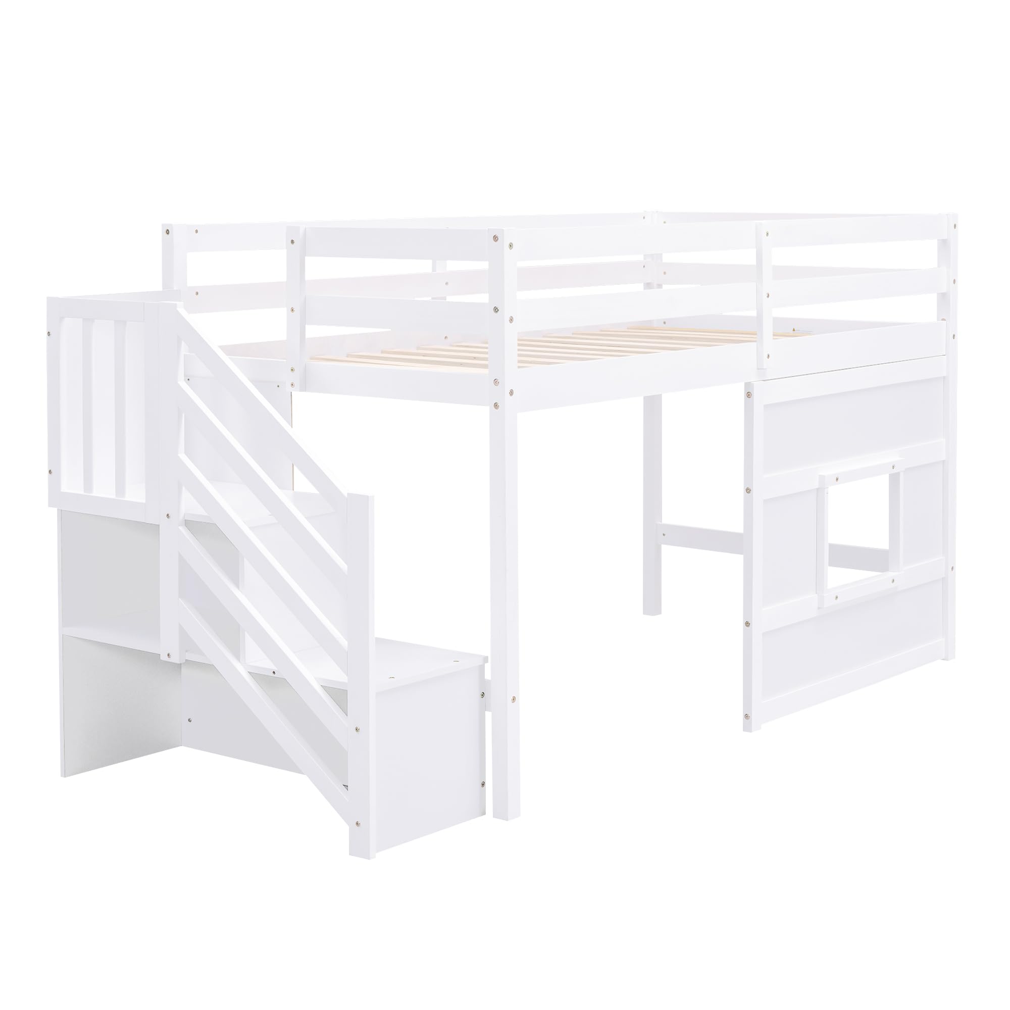 VilroCaz Playful Design Twin Size Loft Bed with Storage Staircase and Window for Kids Teens Boys Girls, Solid Wood Low Loft Bed Frame with Safety Guard Rails, Space-Saving (White-C9)