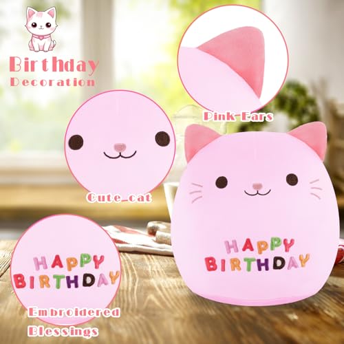 9.8 inch Cat Plush Birthday Plush Pillow, Pink Cute Cat Birthday Plush Toy, Birthday Party Decoration Birthday Gift for Kids (Pink Cat)