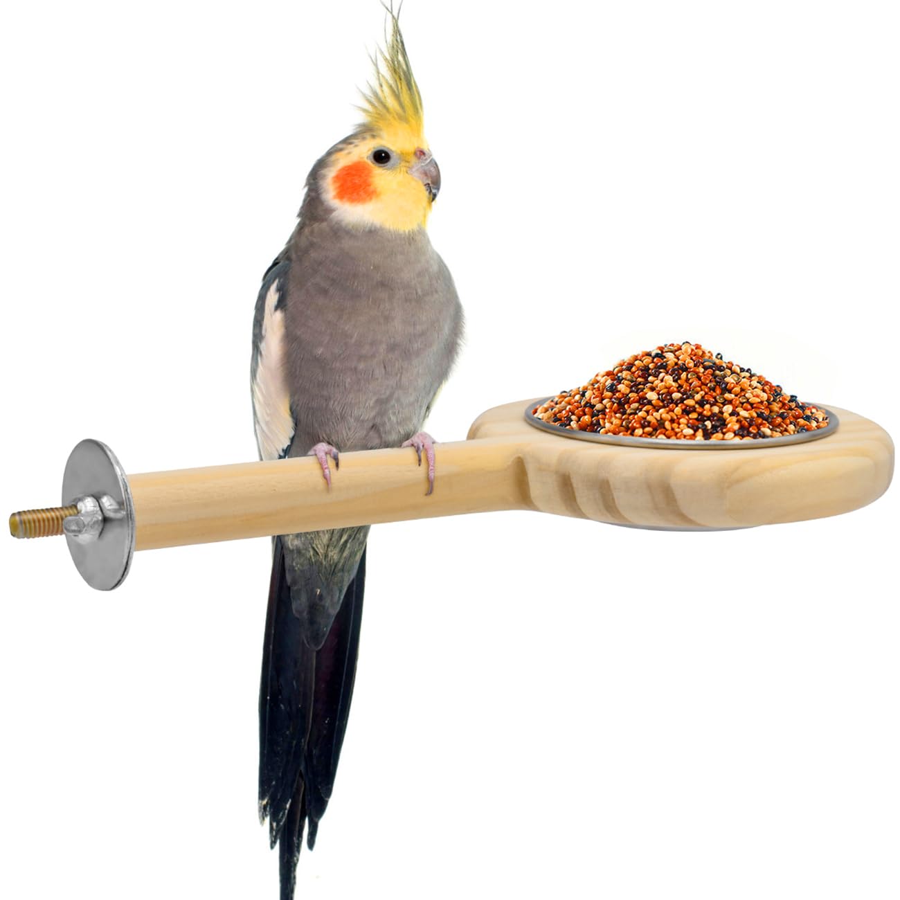 KATUMO Bird Perch Bird Feeding Cup Parrot Wood Perch Stand Toy Bird Cage Accessory for Parakeet Lovebird Conure Budgie Canary Finch Small Parrots