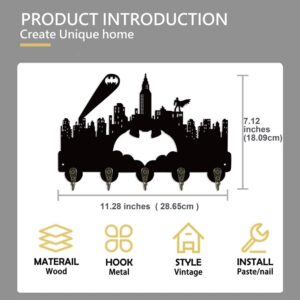 SANDIKSHA Bat City Key Hooks, Super Hero Wall Mounted Storage with 6 Hooks, Movie Theme Key Holder, Black Retro Wooden Wall Decor for Entryway/Bedroom/Living Room/Office/Children's Room