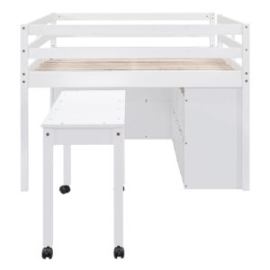 Full Size Low Loft Bed with Rolling Portable Desk, Full Bed Frame For Kids With Storage Cabinet, Drawers and Shelves, Multiple Functions Wood Loft Bed Frame for Girls Boys, Space Saving, White