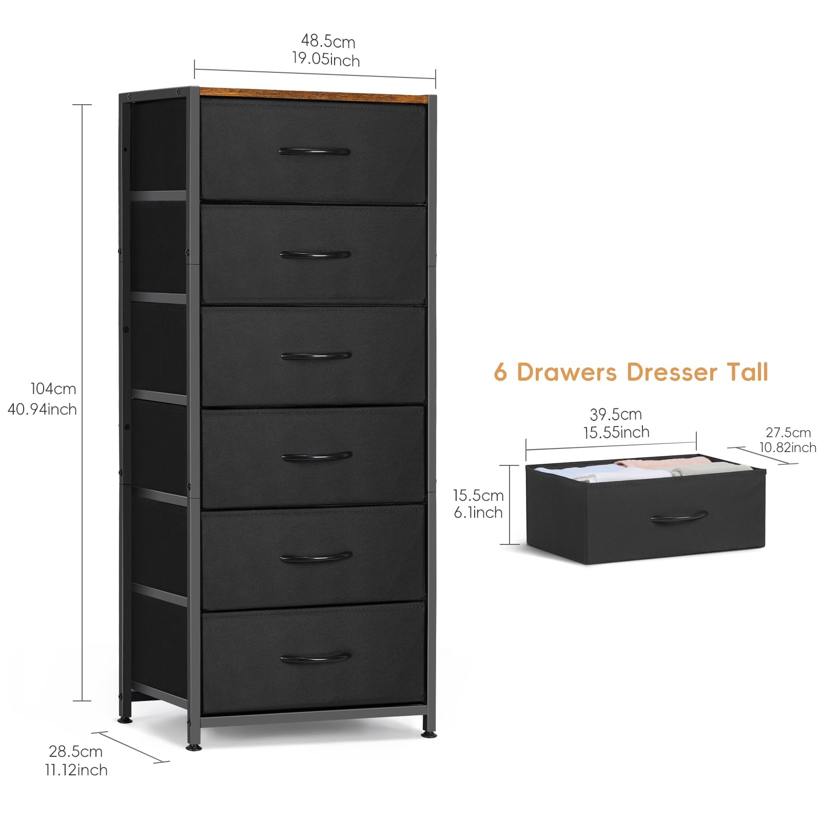 MOOACE Dresser for Bedroom, Black Tall Dresser with 6 Drawers, Fabric Storage Tower, Steel Frame and Wood Top, Storage Drawers Chest of Drawers for Bedroom, Hallway, Entryway