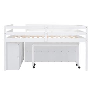 Full Size Low Loft Bed with Rolling Portable Desk, Full Bed Frame For Kids With Storage Cabinet, Drawers and Shelves, Multiple Functions Wood Loft Bed Frame for Girls Boys, Space Saving, White