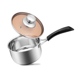 1 quart 18/10 stainless steel saucepan, joyfair small sauce pot with lid for multipurpose, cooking spaghetti, warming milk, boiling soup, extra pan wall & heat-proof bakelite handle, dishwasher safe