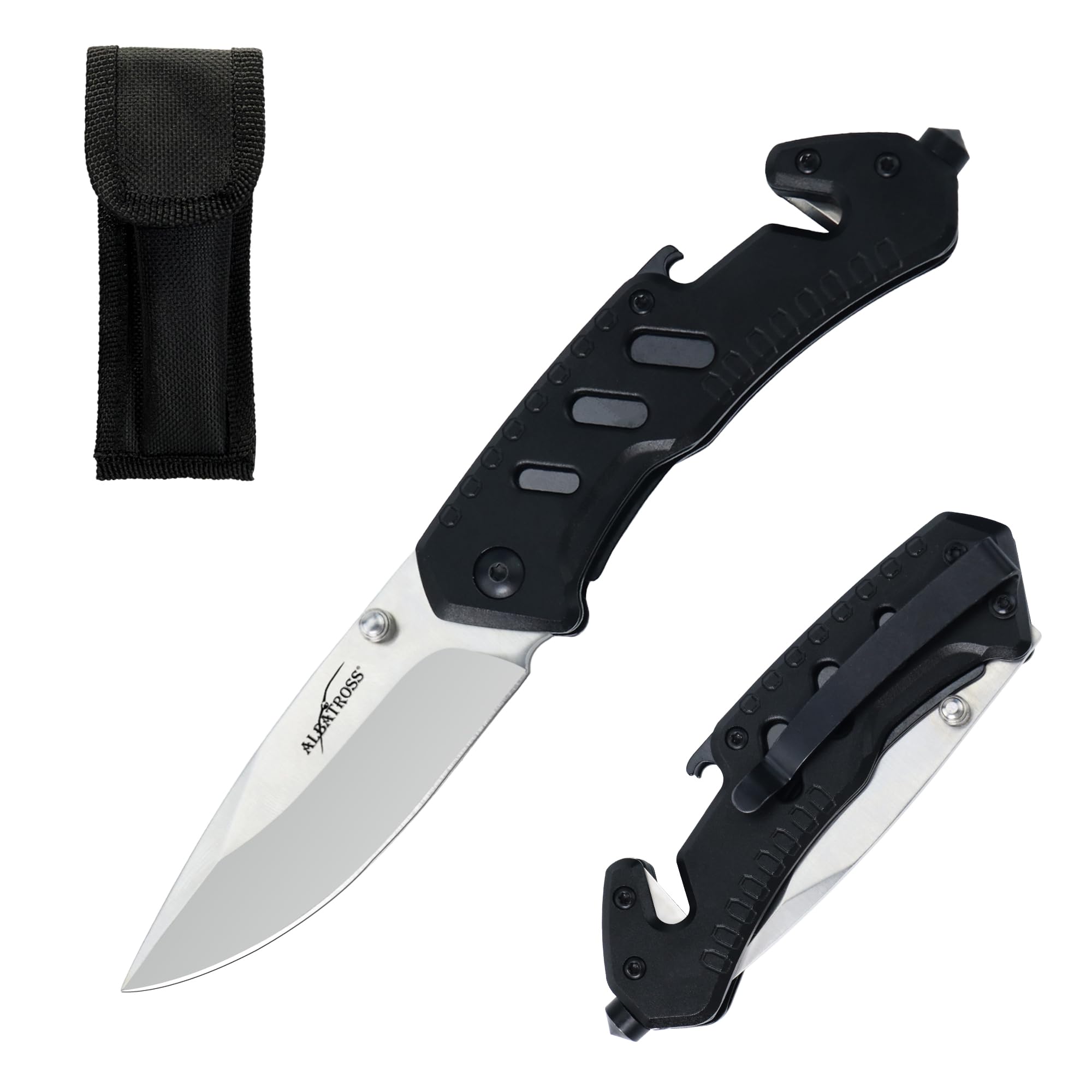 ALBATROSS Classic Multifunction Pocket Folding Knife with Bottle Opener、Glass Hammer and Rope Cutter, Satin Coated Blade and Aluminum Handle，AS-23265 (Black)