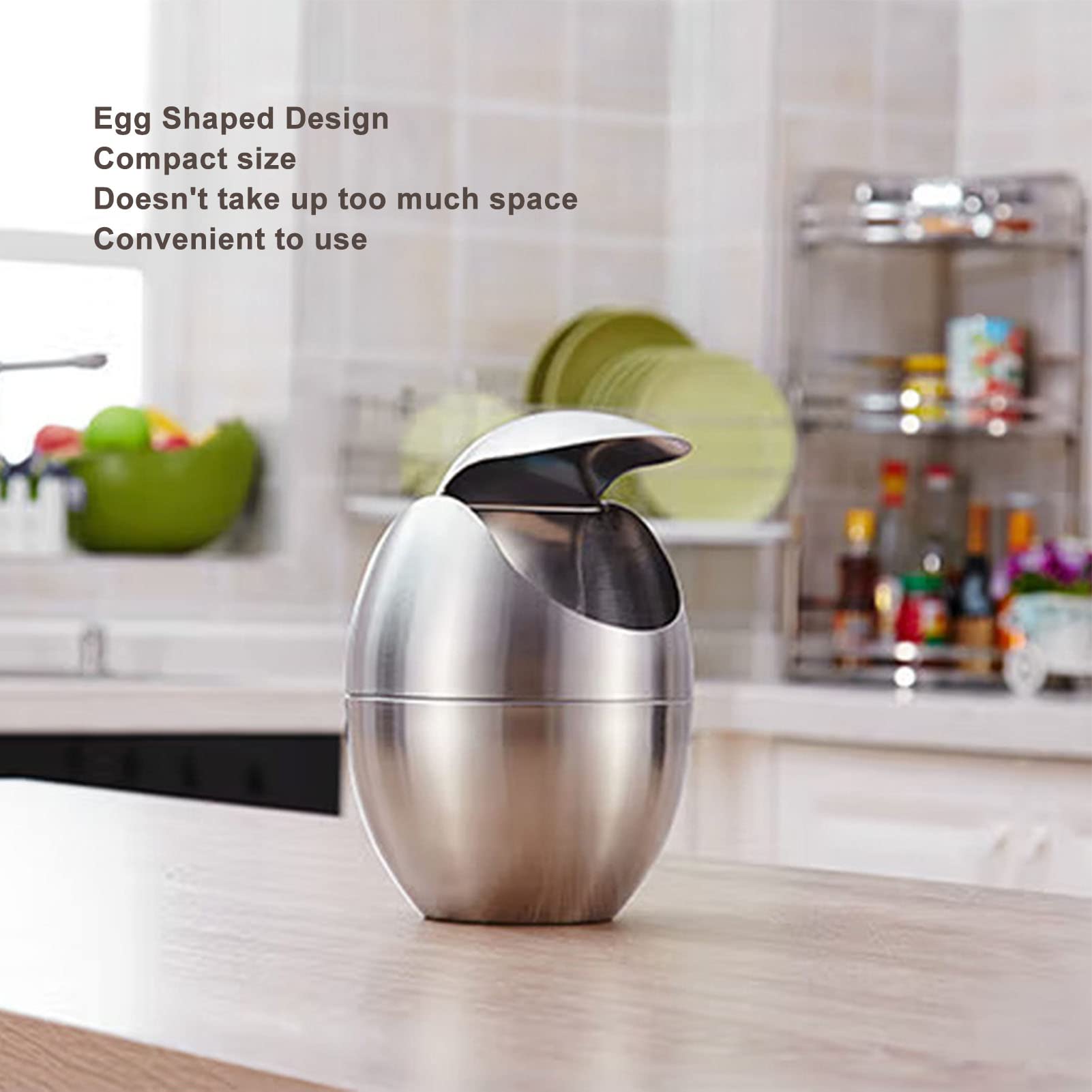 Mini Trash Can, Egg-Shaped Stainless Steel Countertop Garbage Bin, Mini Desk Can with Swing Lid for Office Desk, Coffee Table, Vanity Tabletop, Bedroom