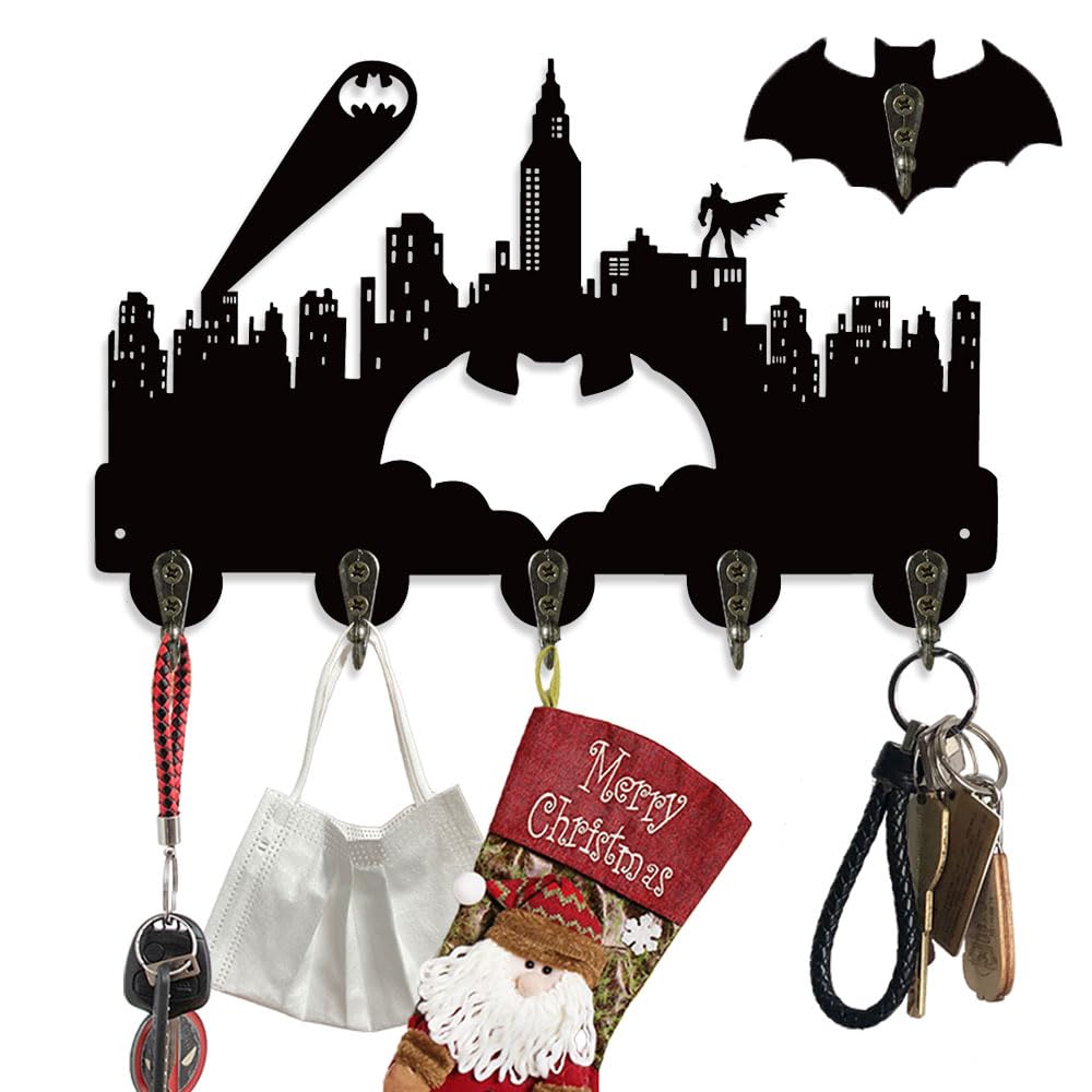 SANDIKSHA Bat City Key Hooks, Super Hero Wall Mounted Storage with 6 Hooks, Movie Theme Key Holder, Black Retro Wooden Wall Decor for Entryway/Bedroom/Living Room/Office/Children's Room