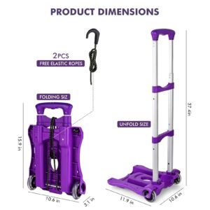 Home-Man Folding Hand Truck, Heavy Duty Luggage Cart, Utility Dolly Platform Cart with 4 Wheels and 2 Elastic Ropes for Luggage, Travel, Moving, Shopping, Office Use (110LB, Purple)