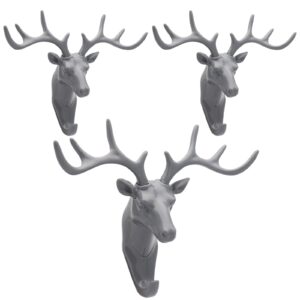 cangder 3pcs deer wall hooks antlers plastic wall hooks/hanger, grey animal key hat holder hanging for home wall decoration