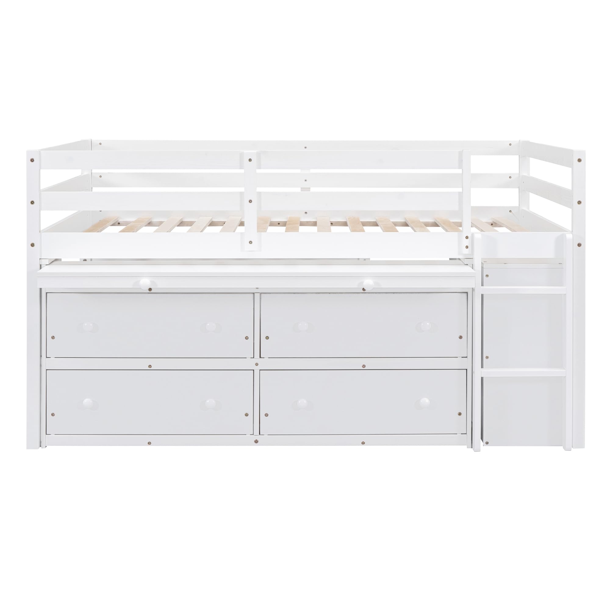 Full Size Low Loft Bed with Rolling Portable Desk, Full Bed Frame For Kids With Storage Cabinet, Drawers and Shelves, Multiple Functions Wood Loft Bed Frame for Girls Boys, Space Saving, White