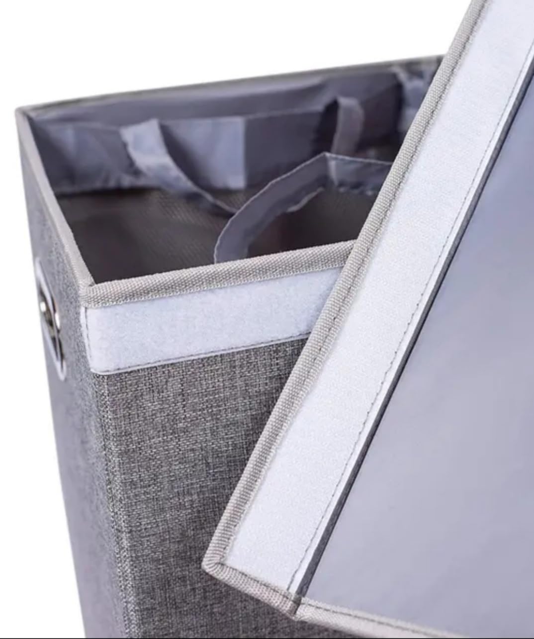 Double Laundry Hamper with Removable Lid and Two Removable Mesh Bags with Sturdy Construction in Elegant Gray Linen