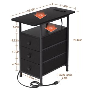 AMHANCIBLE Narrow Side Table with Charging Station, Slim End Table with USB Ports and Outlets, Nightstand with 3 Fabric Drawers for Bedroom, Living Room, Small Space, Black, HETN013BK-1