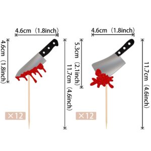 24 PCS Halloween Cupcake Toppers Glitter Horror Blood Knife Cupcake Picks Have a Killer Birthday Cake Decorations for Halloween Blood Knife Theme Birthday Party Supplies